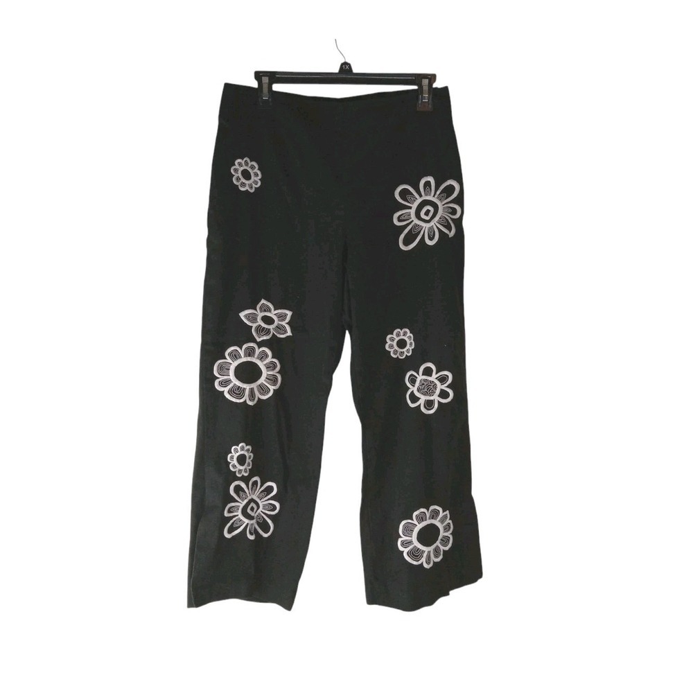 F.L. Malik Womens Cropped Pants Black Embroidered‎ Floral Straight Leg Size 6